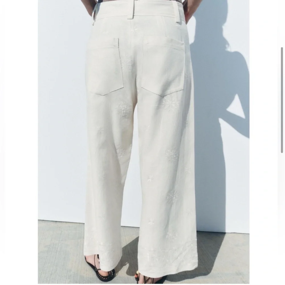 Zara ZW Collection Embroidered Ecru Linen Blend Pants XS